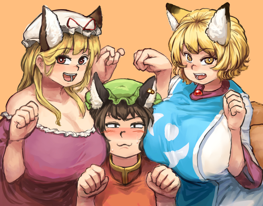 :3 :d animal_ears bare_shoulders between_breasts blonde_hair blush breast_smother breasts breasts_on_shoulders brown_eyes brown_hair cat_ears cat_tail chanta_(ayatakaoisii) chen cleavage dress earrings eyebrows eyebrows_visible_through_hair fox_ears fox_tail frilled_dress frills hat hat_ribbon huge_breasts jewelry long_hair looking_at_viewer mob_cap multiple_girls multiple_tails nekomata off-shoulder_dress off_shoulder open_mouth orange_background paw_pose pillow_hat purple_dress ribbon short_hair short_sleeves simple_background single_earring slit_pupils smile sweat tabard tail touhou wide_sleeves yakumo_ran yakumo_yukari yellow_eyes
