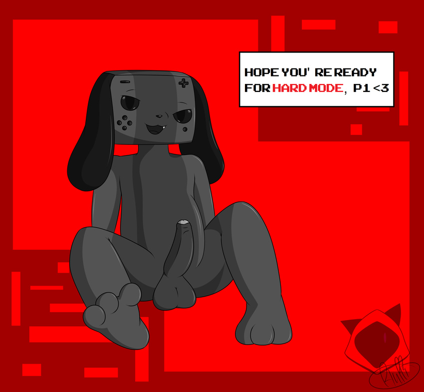 2016 animate_inanimate anthro balls canine digital_media_(artwork) dog erect_cock erection fluffihoodie hindpaw looking_at_viewer male mammal nintendo nintendo_switch nude open_mouth paws penis semi-anthro simple_background slightly_chubby smile solo switch_dog text toes tongue video_games