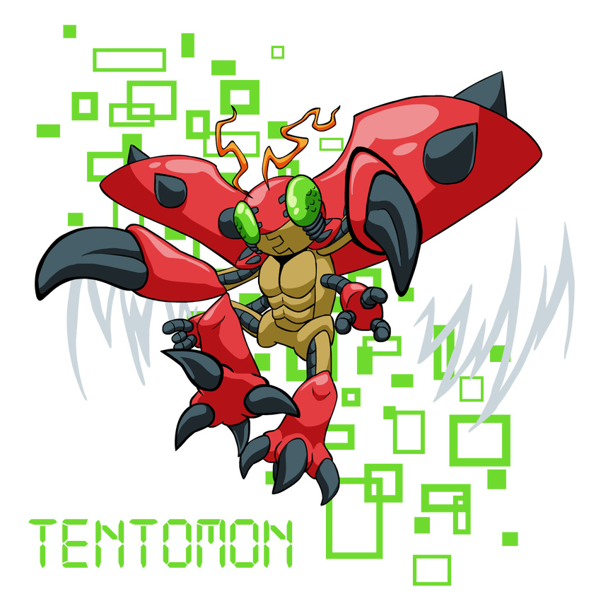 ambiguous_gender antennae arthropod claws digimon digimon_adventure feral flying green_eyes insect insect_wings insectoid monster multi_armed red_body simple_background tentomon vibrantechoes wings