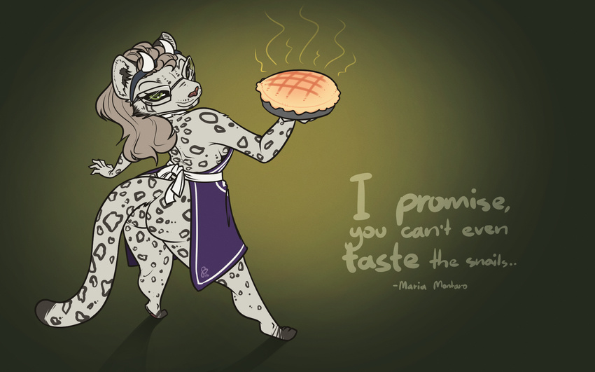 apron blonde_hair butt clothed clothing cosplay eyewear feline feretta food fur glasses green_eyes grey_fur hair horn leopard looking_at_viewer looking_back mammal maria_montaro pie rear_view simple_background smile snow_leopard spots spotted_fur tale_of_tails toriel undertale video_games