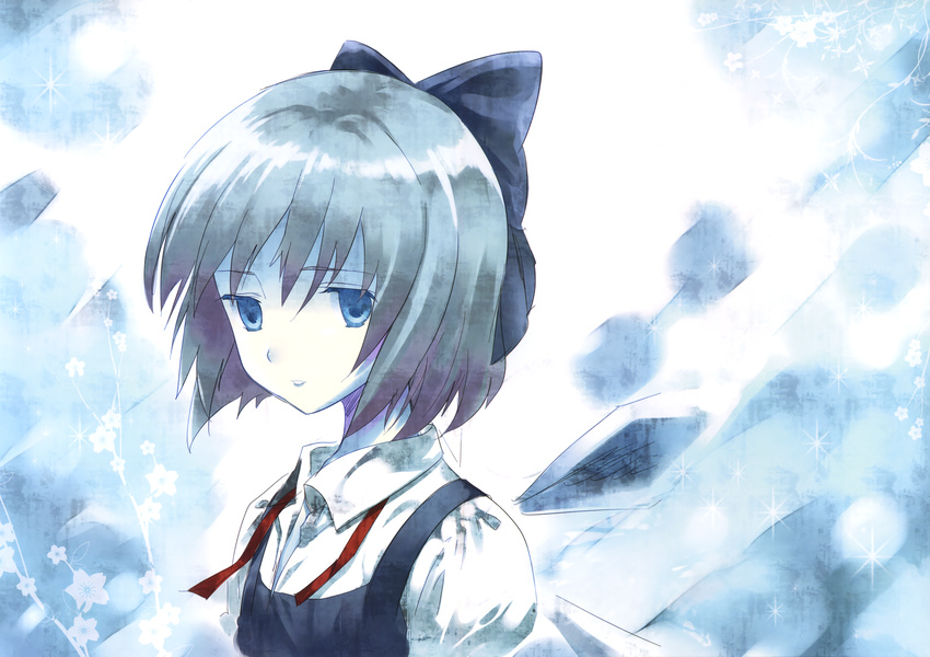absurdres blue_eyes blue_hair blush bow bowtie cirno collared_shirt dress dress_shirt flower hair_bow happy highres ice ice_wings lips looking_at_viewer open_mouth puffy_short_sleeves puffy_sleeves sad_smile shirt short_hair short_sleeves solo touhou upper_body wings yasuyuki