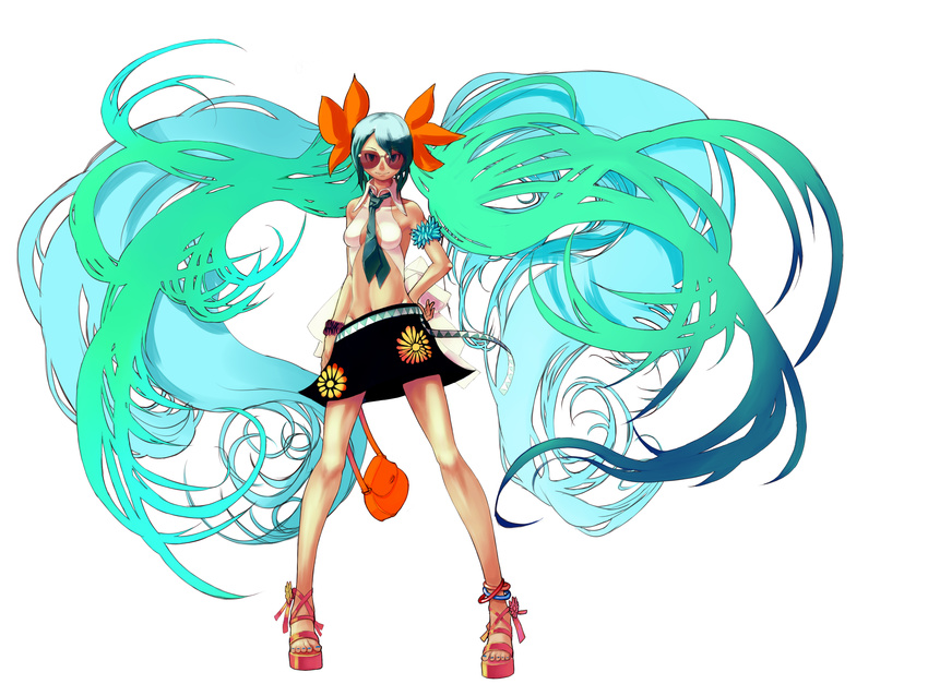 ankle_lace-up bad_id bad_pixiv_id blue_hair center_opening cross-laced_footwear gradient_hair green_hair groin hand_on_hip hatsune_miku highres kansou_samehada long_hair looking_at_viewer midriff multicolored_hair nail_polish necktie sandals skirt smile solo standing sunglasses very_long_hair vocaloid