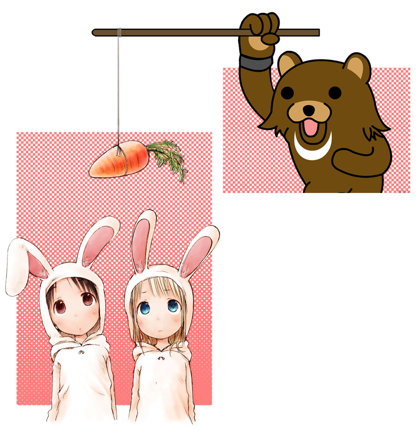 4chan ana_coppola animal_ears barasui bear bunny_ears carrot cosplay highres ichigo_mashimaro itou_chika kigurumi kuma multiple_girls pedobear stick third-party_edit