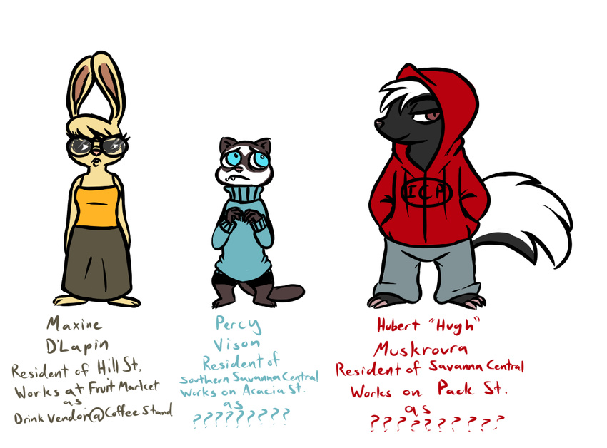 2016 anthro barefoot buckteeth clothed clothing cute_fangs disney english_text eyewear fan_character female glasses group hands_in_pockets hoodie hugh_muskroura inkyfrog lagomorph male mammal maxine_d'lapin mustelid percy_vison polecat rabbit red_eyes simple_background skunk standing teal_eyes teeth text white_background zootopia