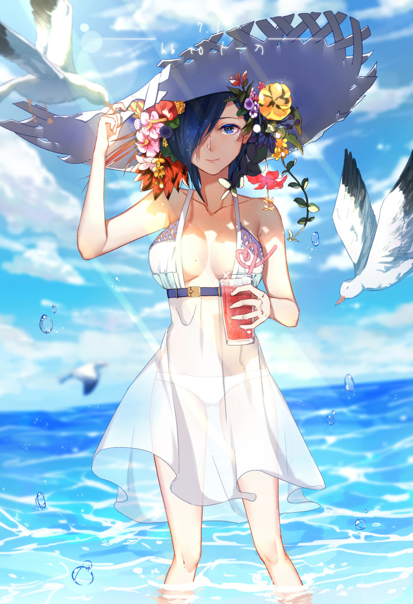 1girl absurdres alternate_costume bare_arms bare_shoulders bikini bird blue_eyes blurry blurry_background breasts cloud cloudy_sky collarbone commentary_request cup day dress drink feet_out_of_frame flower g4265059 hair_flower hair_ornament hair_over_one_eye hand_on_headwear hat highres holding holding_cup in_water kirishima_touka large_breasts looking_at_viewer no_bra ocean outdoors purple_hair seagull see-through short_hair sky solo standing sun_hat sundress swimsuit tokyo_ghoul tokyo_ghoul:re translation_request water water_drop white_bikini_bottom white_dress