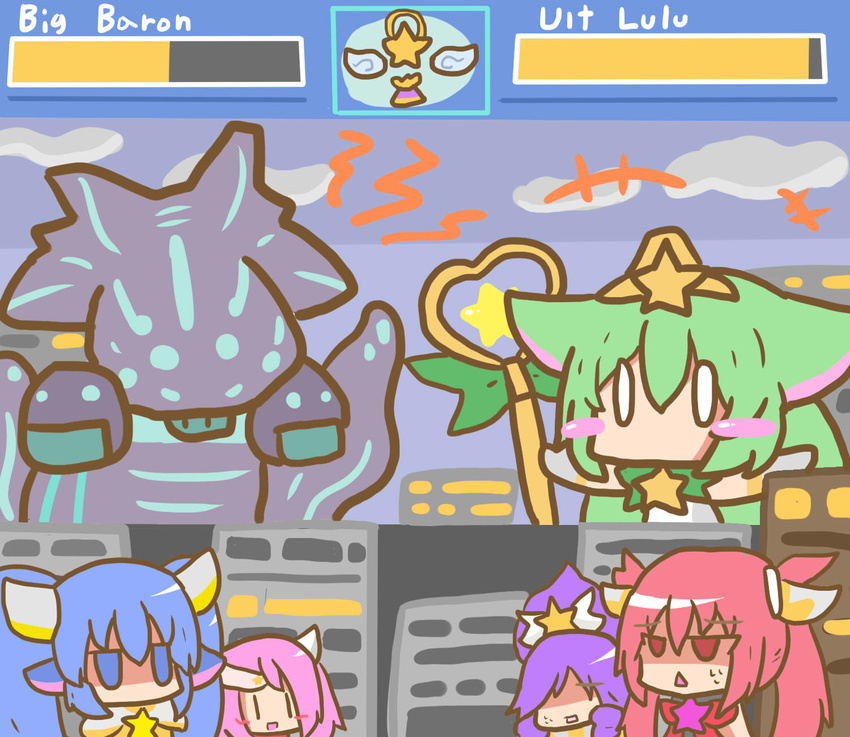 5girls blue_hair blush city giant green_hair health_bar janna_windforce jinx_(league_of_legends) kuro_(league_of_legends) league_of_legends long_hair lulu_(league_of_legends) luxanna_crownguard magical_girl monster multiple_girls pink_hair poppy_(league_of_legends) purple_hair red_hair star_guardian_janna star_guardian_jinx star_guardian_lulu star_guardian_lux star_guardian_poppy twintails wand yordle