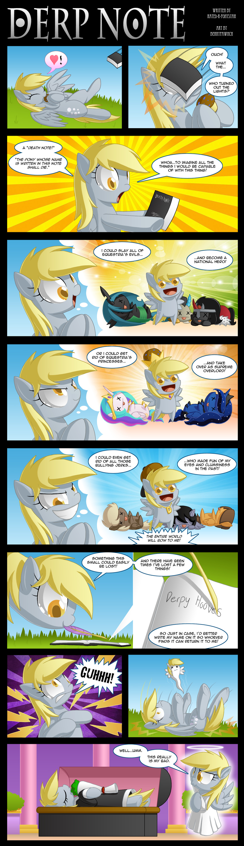 &lt;3 2016 angel berrypawnch clothing coffin crown death death_note derp_eyes derpy_hooves_(mlp) dialogue discord_(mlp) dress eating english_text equine feathers female food friendship_is_magic halo king_sombra_(mlp) loose_feather mammal muffin my_little_pony pegasus princess_celestia_(mlp) princess_luna_(mlp) queen_chrysalis_(mlp) quill text wings