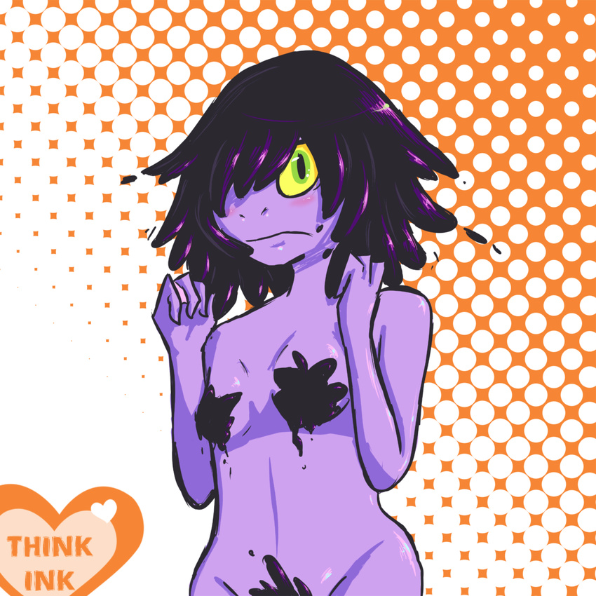 &lt;3 2012 alternate_version_available amphibian anthro blush breasts censored creative_censorship dotted_background english_text female frog green_eyes hair hair_over_eye ink inkyfrog looking_at_viewer nude pattern_background purple_hair purple_skin simple_background small_breasts solo standing text webbed_hands yellow_sclera