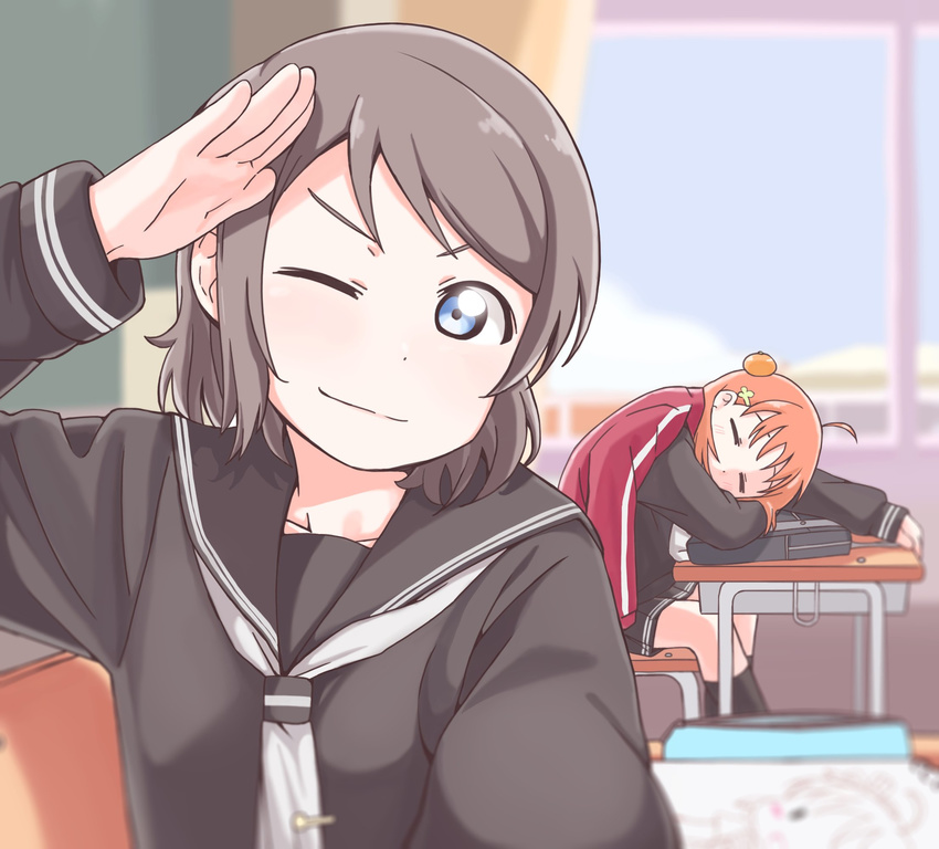 bag blue_eyes classroom desk food food_on_head fruit fruit_on_head gamjolno grey_hair highres jacket jacket_on_shoulders looking_at_viewer love_live! love_live!_sunshine!! mandarin_orange multiple_girls object_on_head one_eye_closed orange_hair reaching_out salute school_bag school_desk school_uniform self_shot serafuku sleeping takami_chika track_jacket uranohoshi_school_uniform watanabe_you