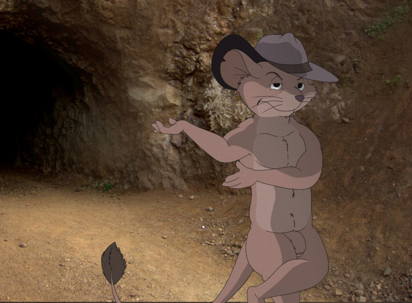 balls crossed_legs detailed_background disney fedora flaccid front_view hat jake_(the_rescuers) kangaroo_rat kimthepancham looking_at_viewer male mammal mostly_nude navel penis photo_background rodent solo standing the_rescuers uncut unimpressed whiskers