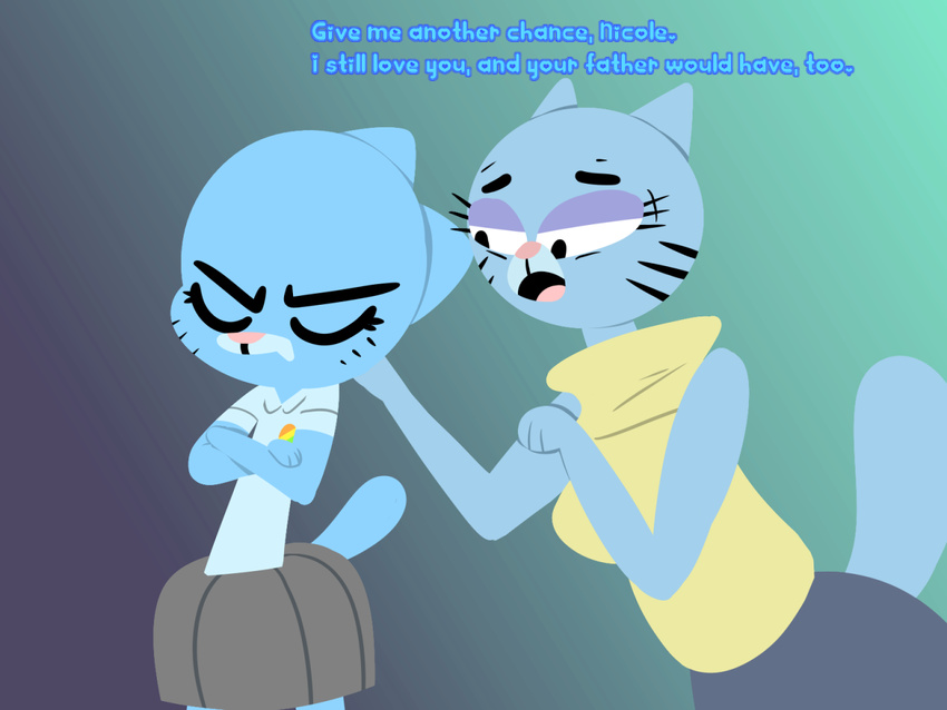 2016 anthro blue_fur cartoon_network cat clothing daughter digital_media_(artwork) feline female flutteringpie fur mammal mother mrs._senicourt nicole_watterson parent shirt simple_background skirt sweater text the_amazing_world_of_gumball turtleneck whiskers