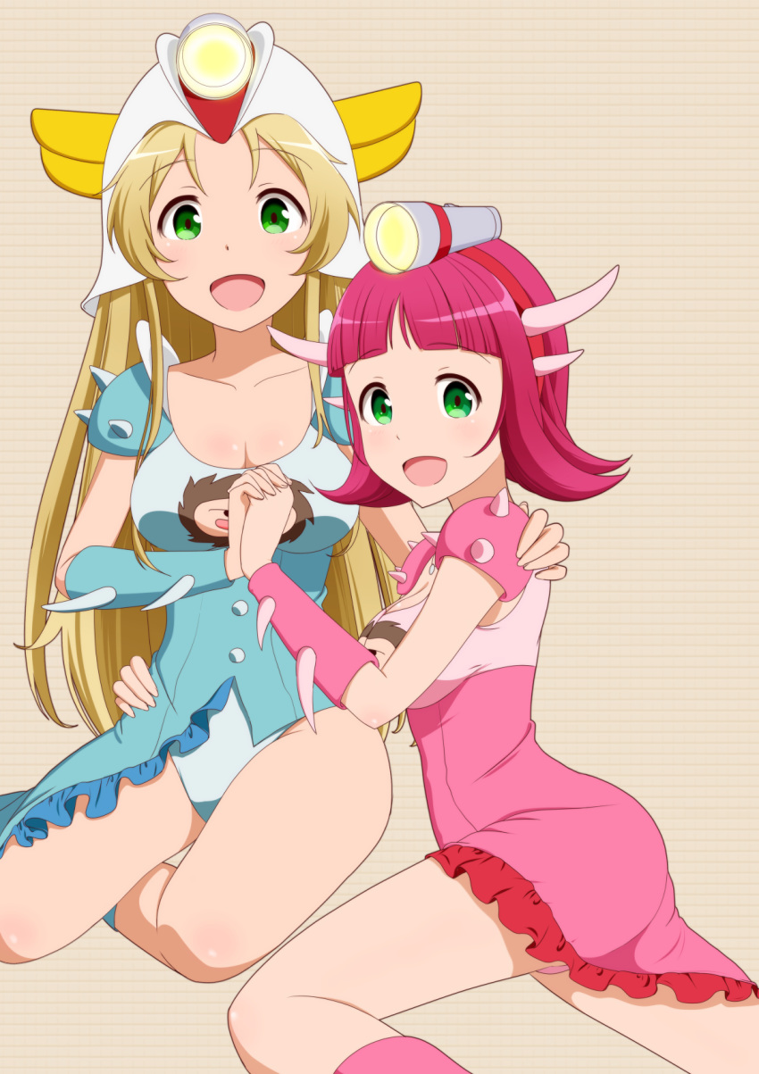 2girls :d bangs blonde_hair blunt_bangs breasts brown_background cleavage flashlight green_eyes grenda-san hand_around_shoulder hand_around_waist hand_holding highres long_hair looking_at_viewer lorelai_yoko medium_breasts multiple_girls open_mouth parted_bangs pink_hair pink_legwear robot_girls_z shigoto_manblue short_hair sitting smile spikes ufo_robo_grendizer very_long_hair