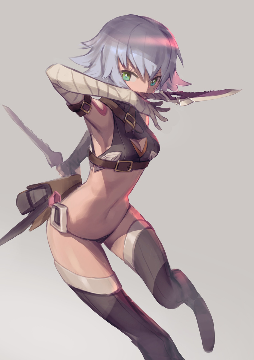 absurdres armpits bandages black_footwear black_panties boots breasts cleavage cleavage_cutout crop_top dual_wielding fate/apocrypha fate_(series) green_eyes grey_background grey_hair highres holding holding_knife holding_weapon jack_the_ripper_(fate/apocrypha) katahira_(hiyama) knife looking_at_viewer medium_breasts panties short_hair sideboob simple_background solo thigh_boots thighhighs underwear weapon