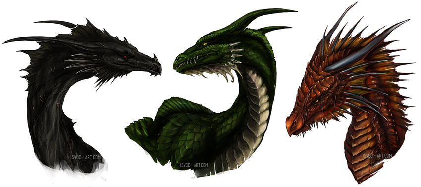 ambiguous_gender black_skin detailed_scales digital_media_(artwork) dragon feral green_eyes green_scales group headshot horn isvoc nude red_eyes red_scales scales simple_background teeth white_background yellow_eyes