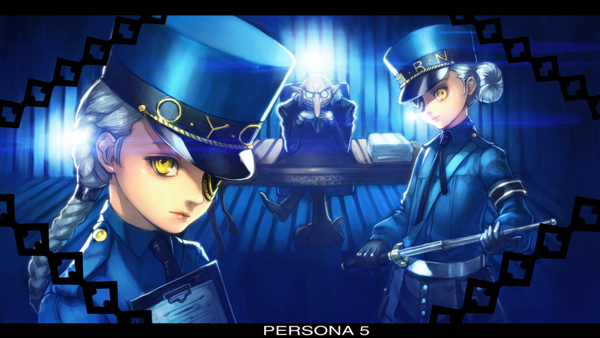 2girls black_gloves blonde_hair boyaking braid caroline_(persona_5) double_bun eyepatch gloves hair_bun hat highres igor justine_(persona_5) long_hair long_nose looking_at_viewer multiple_girls necktie persona persona_5 short_hair siblings single_braid sisters smile twins velvet_room weapon yellow_eyes