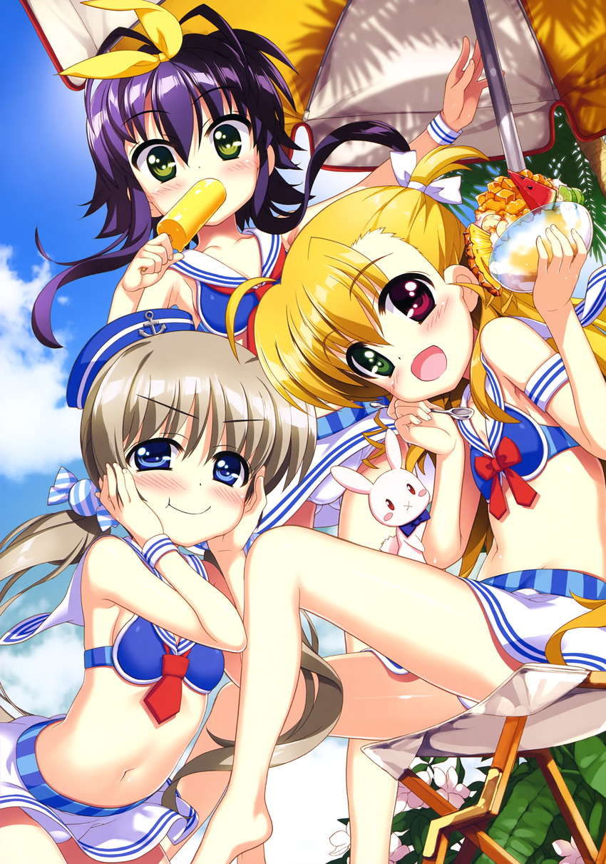 :x absurdres ahoge antenna_hair banana bare_shoulders beach_umbrella blonde_hair blue_eyes blush bowl brown_hair chair collarbone corona_timir eating flat_chest food fruit fujima_takuya green_eyes groin hair_ribbon heterochromia highres kiwifruit long_hair lyrical_nanoha mahou_shoujo_lyrical_nanoha_vivid multiple_girls navel official_art panties pantyshot pantyshot_(standing) pineapple popsicle purple_hair red_eyes ribbon rio_wezley sacred_heart sailor_collar scan sidelocks sitting skirt spoon standing twintails two_side_up umbrella underwear vivio watermelon white_panties wristband