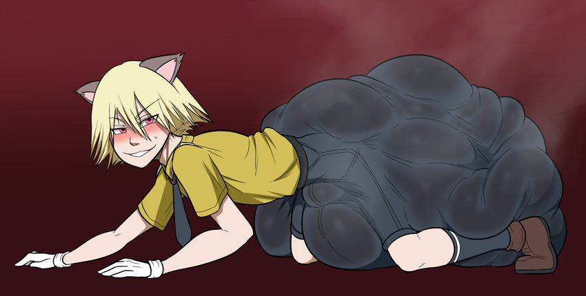 animal_humanoid anime blonde_hair blush cat cat_humanoid clothing feces feline hair hellsing human humanoid male mammal messy not_furry octoboy pooping scat schr&ouml;dinger simple_background soiling solo