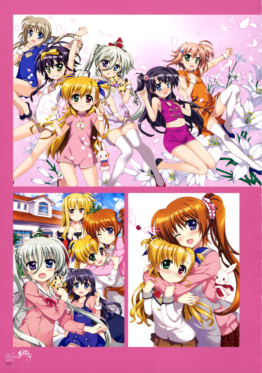 absurdres ahoge apron arm_up arms_up asteion black_hair blonde_hair blue_eyes brown_hair brown_skirt bunny china_dress chinese_clothes cleavage_cutout collarbone corona_timir dress einhart_stratos eyebrows eyebrows_visible_through_hair fate_testarossa flower fujima_takuya green_eyes hair_ornament hair_ribbon hair_scrunchie hairclip heterochromia high_ponytail highres hug hug_from_behind light_brown_hair looking_at_viewer lyrical_nanoha mahou_shoujo_lyrical_nanoha mahou_shoujo_lyrical_nanoha_vivid midriff miura_rinaldi multiple_girls navel neck_ribbon one_eye_closed one_side_up open_mouth petals pink_shirt pleated_skirt purple_eyes purple_shirt purple_skirt red_eyes red_ribbon ribbon rio_wezley sacred_heart scan scrunchie shirt short_hair silver_hair skirt smile takamachi_nanoha thighhighs tug twintails vivio white_flower white_legwear white_shirt wrist_cuffs yellow_ribbon yumina_enclave