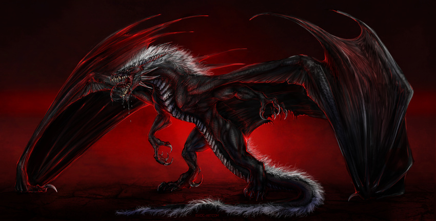 anthro detailed_scales digital_media_(artwork) dragon hair isvoc membranous_wings open_mouth red_background simple_background teeth tongue white_hair wings