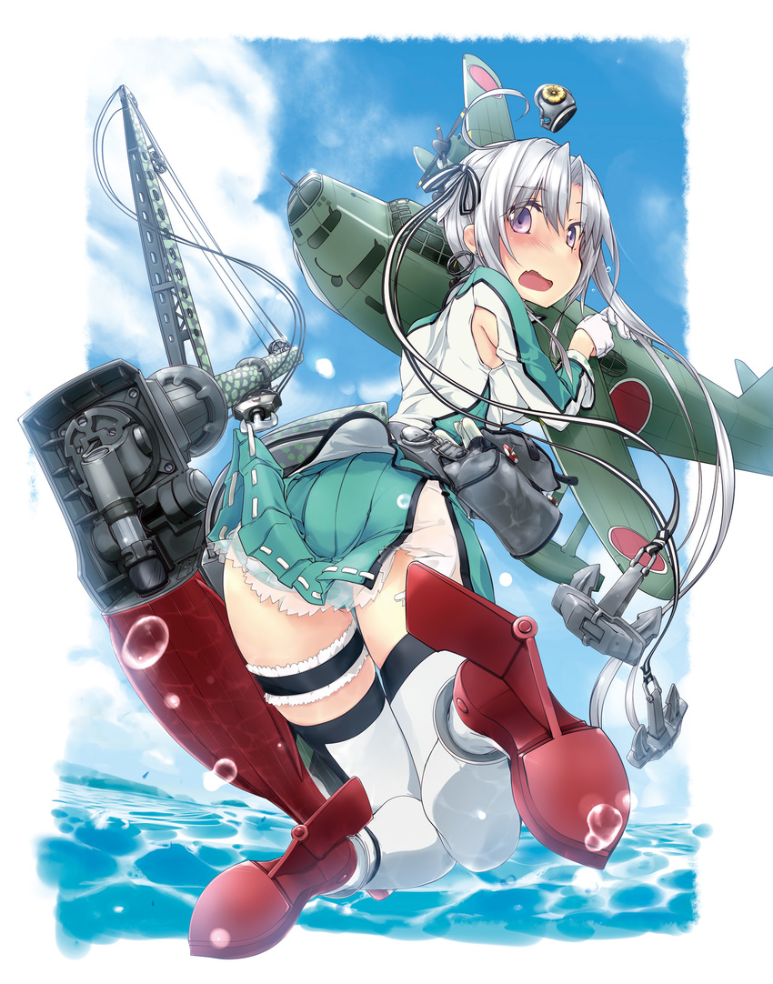 ahoge aircraft airplane akitsushima_(kantai_collection) anchor ayuya_naka_no_hito blush cannon crane flying_boat garters gloves green_skirt grey_hair hair_ornament hair_ribbon hat high_heels highres jacket kantai_collection knees_together_feet_apart long_hair looking_at_viewer machinery military military_uniform mini_hat miniskirt nishikitaitei-chan open_mouth pleated_skirt purple_eyes purple_hair ribbon side_ponytail sidelocks skirt skirt_lift thighhighs turret uniform white_gloves zettai_ryouiki