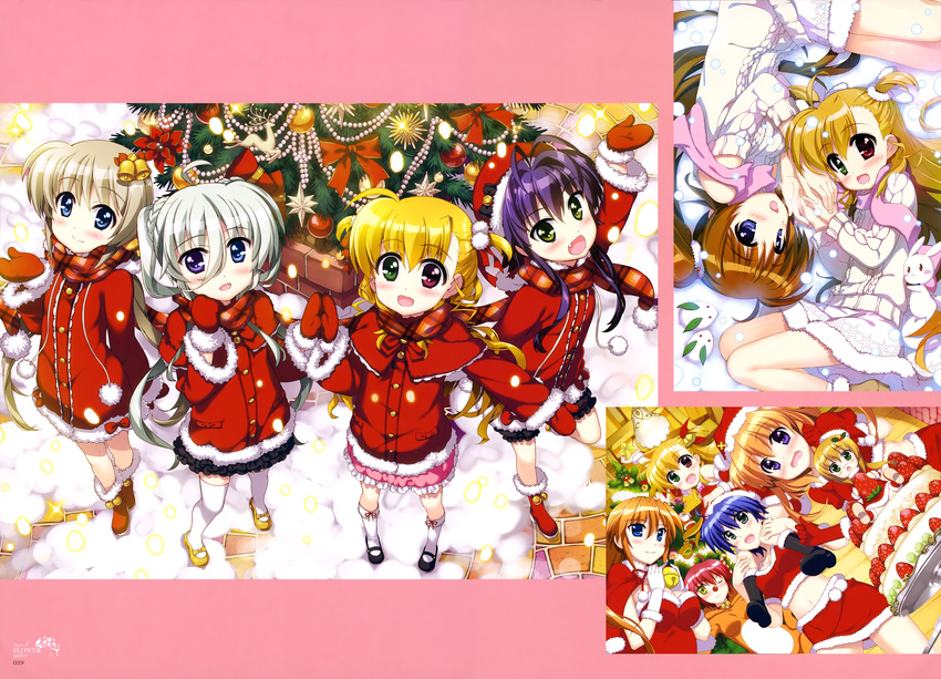 absurdres ahoge animal_ears antenna_hair arm_up bell black_skirt blonde_hair blue_eyes breasts bunny_ears cake capelet chantez_arpinion christmas christmas_tree cleavage corona_timir crop_top dutch_angle einhart_stratos food frilled_skirt frills from_above fujima_takuya gloves green_eyes grey_hair hair_between_eyes hat heterochromia highres holding_hands ixpellia light_brown_hair long_hair lying lyrical_nanoha mahou_shoujo_lyrical_nanoha mahou_shoujo_lyrical_nanoha_vivid medium_breasts midriff miniskirt multiple_girls nove_(nanoha) numbers_(nanoha) on_side open_mouth pink_scarf pink_skirt purple_eyes purple_hair red_eyes red_gloves red_hat red_ribbon red_scarf red_shirt red_skirt ribbon rio_wezley sacred_heart santa_costume santa_gloves scan scarf shirt skirt subaru_nakajima takamachi_nanoha teana_lanster thighhighs vivio white_legwear zettai_ryouiki