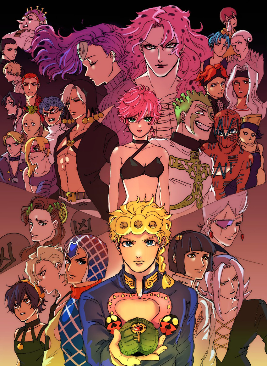 belt_buckle black_eyes black_hair black_lipstick black_sclera blonde_hair blue_hair bob_cut bra braid breasts brown_eyes brown_hair bruno_buccellati buckle carne_(jojo) choker cioccolata closed_eyes coco_jumbo collarbone curly_hair dark_skin dark_skinned_male diavolo earrings everyone eyepatch fat fishnets formaggio gelato ghiaccio giorno_giovanna glasses green_eyes green_hair grin guido_mista hair_ornament hairband hairclip hand_on_shoulder handkerchief hat headband highres illuso jean_pierre_polnareff jewelry jojo_no_kimyou_na_bouken kuroi_kemono leone_abbacchio lipstick long_hair luca_(jojo) makeup mario_zucchero mask melone midriff narancia_ghirga navel oasis_(stand) open_mouth pannacotta_fugo pesci pink_hair pink_lipstick pointy_nose polka_dot_hair polpo prosciutto purple_hair quad_tails red_eyes red_hair risotto_nero sale_(jojo) scar scar_across_eye scolippi secco serious short_hair silver_hair single_braid small_breasts smile sorbet squalo stud_earrings tears tiziano trish_una turtleneck underwear vento_aureo vinegar_doppio white_hair wiping_tears