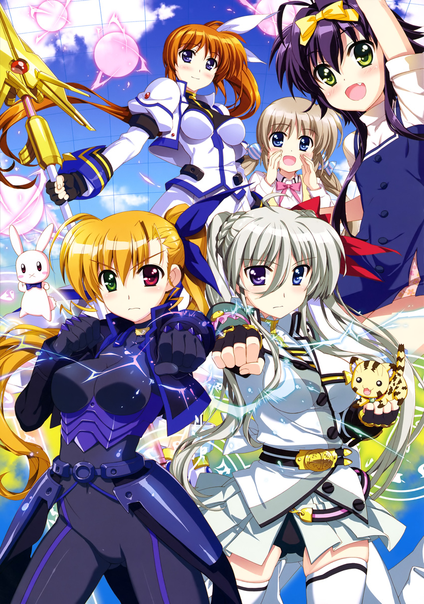 absurdres arm_up ass_visible_through_thighs asteion black_panties blonde_hair blue_eyes blush bodysuit breasts brown_hair bunny cat closed_mouth corona_timir einhart_stratos energy_ball fang faulds fingerless_gloves fujima_takuya gloves green_eyes green_hair hair_ribbon heterochromia highres jacket large_breasts light_brown_hair long_hair long_sleeves lyrical_nanoha magical_girl mahou_shoujo_lyrical_nanoha_strikers mahou_shoujo_lyrical_nanoha_vivid multiple_girls official_art open_mouth panties purple_eyes purple_hair raising_heart red_eyes ribbon rio_wezley sacred_heart scan side_ponytail skin_tight skirt smile stuffed_animal stuffed_bunny stuffed_toy takamachi_nanoha thighhighs twintails underwear vivio yellow_eyes