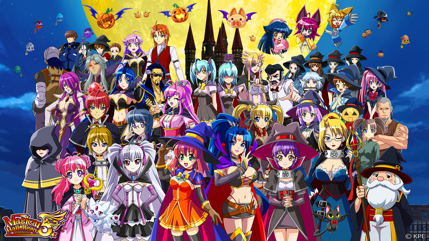 6+girls alice_wishheart belt blonde_hair blue_eyes blue_hair breasts carol_valentine character_request cleavage earrings facial_mark forehead_mark frost_auslese large_breasts long_hair magical_halloween midriff multiple_girls navel noir_auslese pink_eyes pink_hair purple_hair rosemary_bergamot smile thighhighs