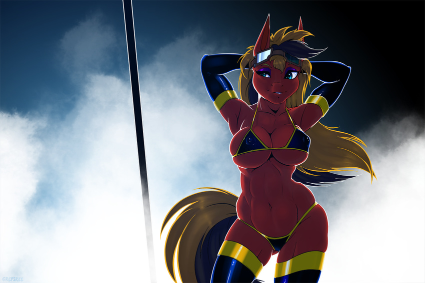 anthro bikini breasts cleavage clothed clothing equine female greyskee horse mammal pinup pony pose rubber simple_background smile solo standing swimsuit twotail