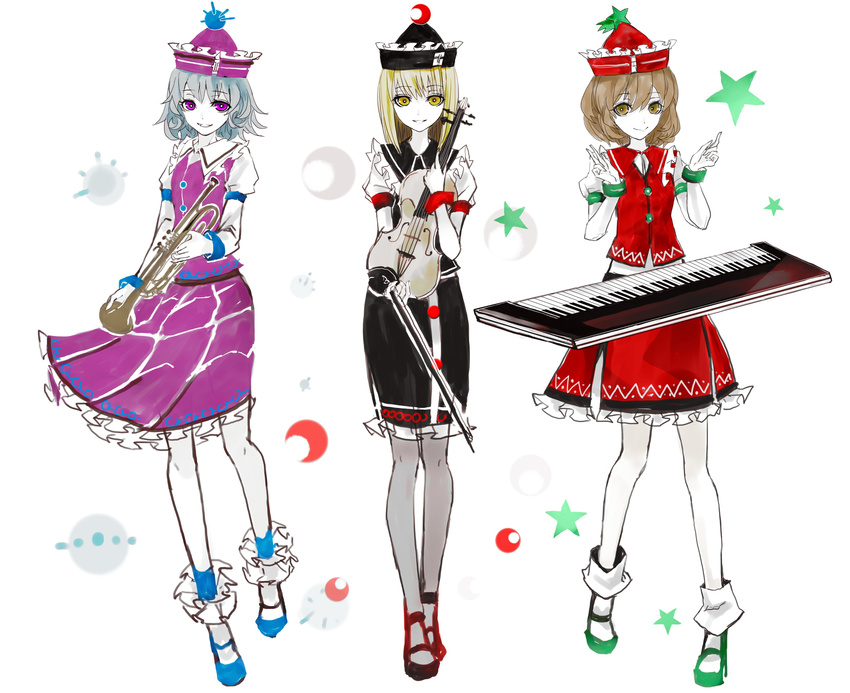 absurdres black_hat black_skirt black_vest blonde_hair blue_footwear blue_hair brown_hair crescent frilled_hat frilled_legwear frills full_body green_footwear hat highres instrument juliet_sleeves keyboard_(instrument) long_sleeves lunasa_prismriver lyrica_prismriver merlin_prismriver multiple_girls pantyhose puffy_short_sleeves puffy_sleeves purple_eyes purple_hat purple_skirt purple_vest red_footwear red_hat red_skirt red_vest shoes short_hair short_sleeves siblings sisters skirt star touhou trumpet v vest violin white_skin yellow_eyes yutapon