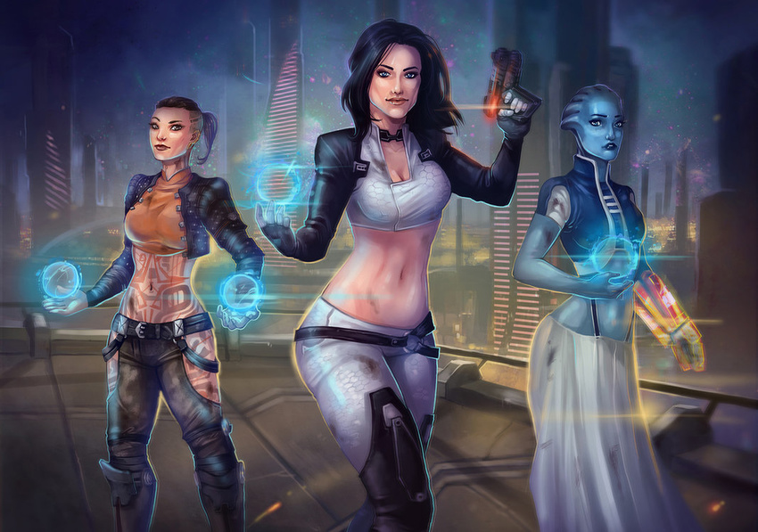 3girls asymmetrical_docking black_boots black_hair bodysuit boots breasts brown_hair buzz_cut catsuit ear_piercing female highres hip_vent jack_(mass_effect) jumping knee_boots large_breasts liara_t'soni lips mass_effect mass_effect_2 mass_effect_3 miranda_lawson mohawk multiple_girls navel outdoors piercing ponytail short_hair simple_background skirt sky small_breasts smile tattoo