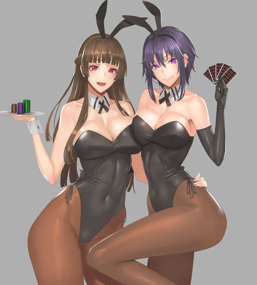 animal_ears argyle bangs bare_shoulders black_gloves breast_press breasts brown_hair bunny_ears bunnysuit card covered_navel damegane detached_collar ear_piercing elbow_gloves eyebrows eyebrows_visible_through_hair fake_animal_ears gloves grey_background hands_on_another's_hips highres image_sample jewelry large_breasts leg_up long_hair looking_at_viewer multiple_girls original pantyhose piercing poker_chip purple_eyes purple_hair red_eyes short_hair smile thick_thighs thighs tray twitter_sample wrist_cuffs