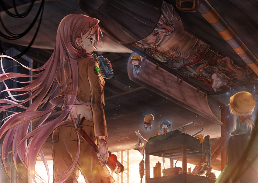 :o akashi_(kantai_collection) arm_at_side back bae.c blue_hair blurry bow breath cable can carrying cropped_jacket cross depth_of_field dirty_face drinking drinking_straw dust fairy_(kantai_collection) floating_hair flying from_behind gloves hair_ribbon headwear_removed helmet helmet_removed holding jacket kantai_collection light_brown_hair light_particles long_hair long_sleeves looking_at_another low_ponytail machinery midriff minigirl multiple_girls pants pink_hair pliers pocket profile red_bow red_hair ribbon screwdriver sitting striped sweat toolbox tools tress_ribbon two_side_up very_long_hair white_gloves wrench yellow_jacket yellow_pants