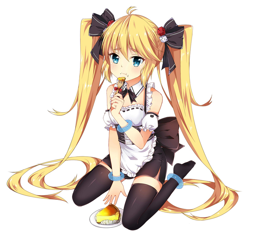 alternate_costume andrea_doria_(zhan_jian_shao_nyu) anklet apron bare_shoulders black_legwear blonde_hair blue_eyes bow bracelet cheesecake corset detached_sleeves dice dice_hair_ornament eating enmaided food food_on_face fork frills hair_bow hair_ornament highres jewelry kkkkkey long_hair looking_at_viewer maid miniskirt short_sleeves simple_background sitting skirt solo thighhighs twintails very_long_hair wariza white_background zettai_ryouiki zhan_jian_shao_nyu