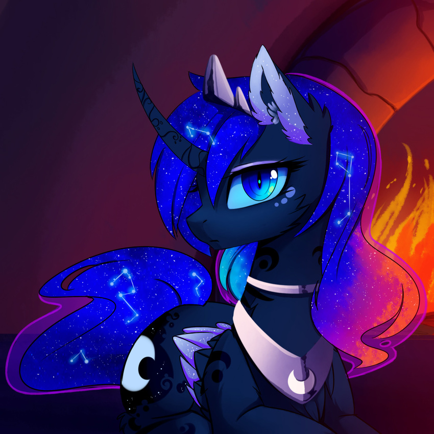 blue_eyes blue_fur cosmic_hair equine eyelashes feathered_wings feathers fire friendship_is_magic fur horn looking_at_viewer lying magnaluna mammal markings my_little_pony princess_luna_(mlp) winged_unicorn wings