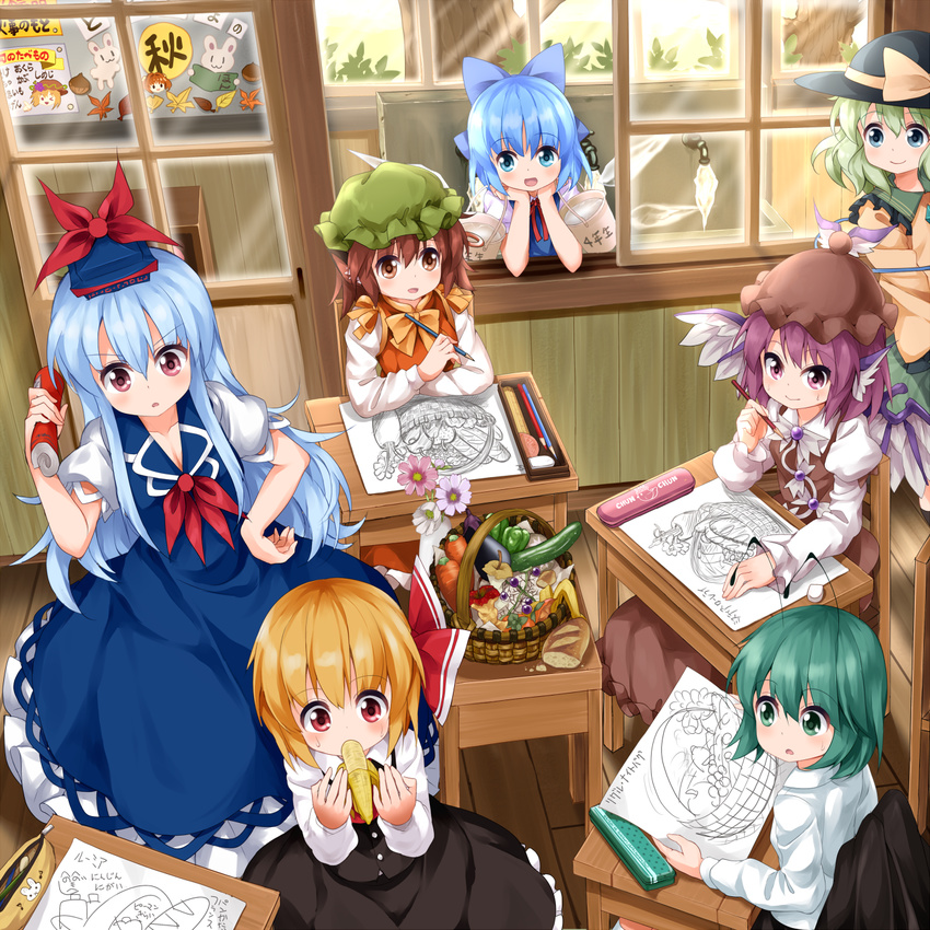 aki_minoriko animal_ears antennae apple apple_core banana basket black_hat black_skirt black_vest blonde_hair blouse blue_bow blue_dress blue_eyes blue_hair book bow bowtie bread brown_dress brown_eyes brown_hair brown_hat bucket carrot cat_ears chair chen cirno classroom collar commentary_request cucumber day desk door drawing dress eating eggplant eraser faucet flower food food_theft frilled_collar frilled_skirt frills from_above frozen fruit grapes green_eyes green_hair green_hat green_skirt hair_between_eyes hair_bow hair_ribbon hand_on_hip hat hat_ribbon highres ice ice_wings indoors jewelry juliet_sleeves kamishirasawa_keine komeiji_koishi leaf long_hair long_sleeves mob_cap motoori_kosuzu multiple_girls mystia_lorelei neckerchief orange_vest paper pencil pencil_case persimmon protractor puffy_short_sleeves puffy_sleeves purple_eyes purple_hair red_eyes red_neckwear red_ribbon ribbon ruler rumia ruu_(tksymkw) school_desk shelf shirt short_hair short_sleeves single_earring skirt smile sweat team_9 touhou tree vandalized vase vest white_shirt window winged_hat wings wooden_floor wriggle_nightbug yellow_blouse yellow_bow yellow_neckwear yellow_ribbon