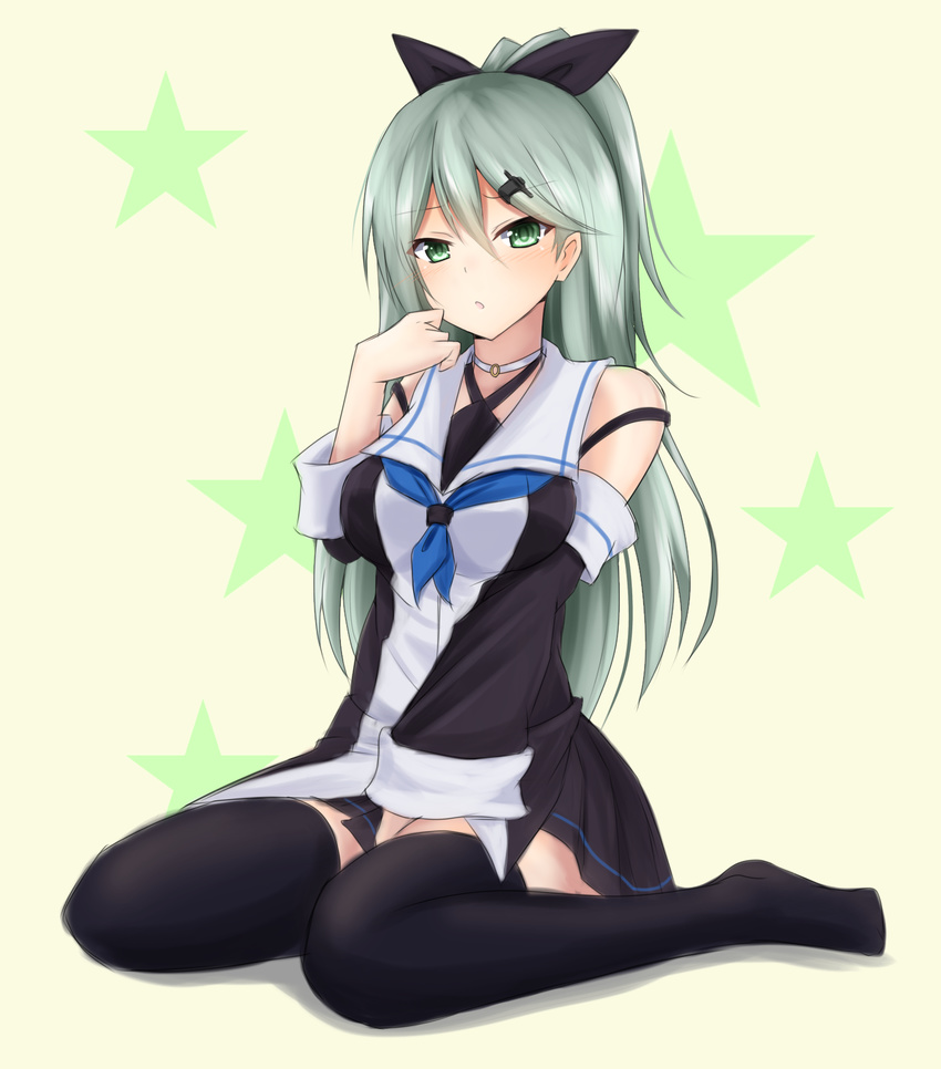 alternate_costume alternate_hairstyle aqua_eyes aqua_hair between_legs black_dress black_legwear black_ribbon black_skirt blue_neckwear breasts commentary_request cosplay denpa_(denpae29) detached_sleeves dress hair_ornament hair_ribbon hairclip hand_between_legs highres kantai_collection long_hair looking_at_viewer medium_breasts miniskirt open_mouth pleated_skirt ponytail ribbon sitting skirt solo star starry_background suzuya_(kantai_collection) thighhighs wariza wide_sleeves yamakaze_(kantai_collection) yamakaze_(kantai_collection)_(cosplay)