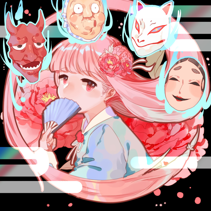 bangs black_background blue_fire blue_shirt blunt_bangs covering_mouth egasumi eyebrows eyebrows_visible_through_hair fan fire floating flower folding_fan fox_mask hair_flower hair_ornament hata_no_kokoro highres long_hair long_sleeves looking_at_viewer mask noh_mask oni_mask pink_flower pink_hair red_eyes shirt solo touhou wei_li