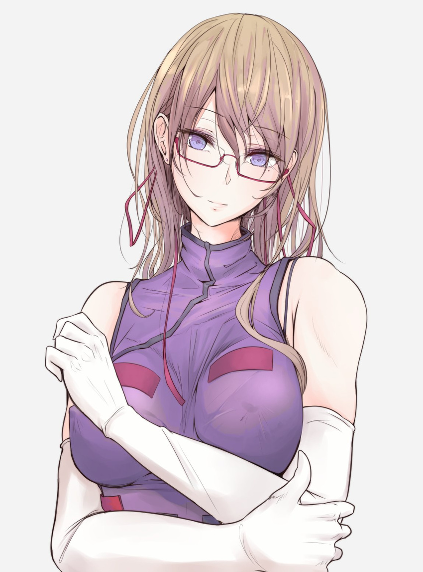 akiyama_cz4a bespectacled blonde_hair bra bra_strap breasts covered_nipples earrings elbow_gloves eyebrows eyebrows_visible_through_hair eyes_visible_through_hair glasses gloves gradient_hair hair_between_eyes hair_ribbon hair_strand hand_on_own_arm hand_up head_tilt highres jewelry large_breasts lavender_background lips long_hair looking_at_viewer mature mole mole_under_eye multicolored_hair no_hat no_headwear outline pink_lips purple_bra purple_eyes purple_hair red-framed_eyewear ribbon semi-rimless_eyewear simple_background smile solo stud_earrings tabard touhou under-rim_eyewear underwear upper_body very_long_hair white_gloves yakumo_yukari