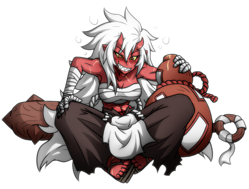 5_fingers 5_toes abs absurd_res arm_wraps blush breasts chest_wraps clothed clothing club_(weapon) drooling drunk facial_scar female grin hair hi_res horn humanoid long_hair looking_at_viewer melee_weapon muscular muscular_female naughty_face not_furry oni orange_eyes rairaku_(rakkuguy) rakkuguy red_skin saliva scar sharp_teeth sitting smile solo spiked_club teeth toes weapon white_hair wraps yellow_sclera