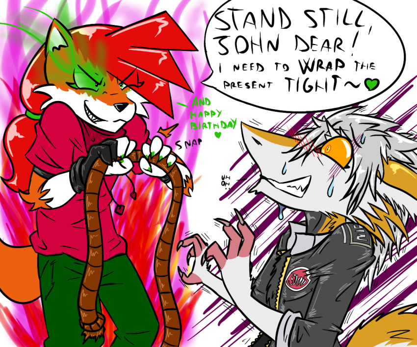 anthro aura bdsm birthday bongage bro brother canid canine fox girly humor invalid_tag johnsergal_(character) mammal power ravecchia rope ruka_the_fox_(character) scared sergal sibling