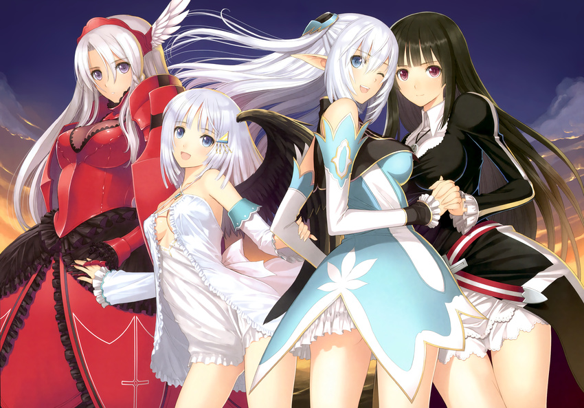 altina armor black_hair blue_eyes dress group kilmaria_aideen long_hair panis_angelicus pointed_ears purple_eyes red_eyes roselinde_(shining_blade) scan shining_ark taka_tony white_hair wings wink