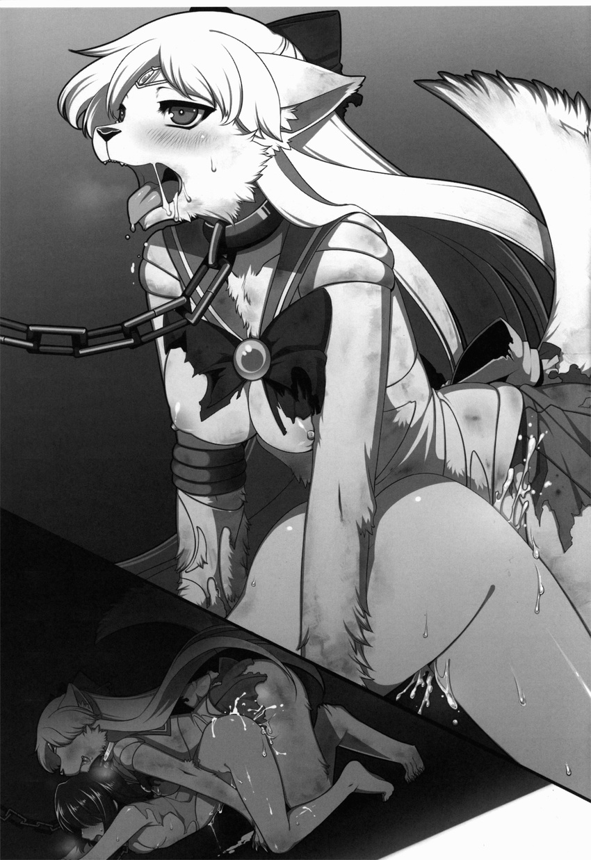 all_fours anthro black_and_white blush breasts canine chain claws clothed clothing collar comic costume cum cum_inside dog doggystyle doujinshi ejaculation eyelashes fangs female female/female from_behind_position fur hair hi_res human interspecies jewelry kemono kneeling mammal mind_control modification monochrome nipples open_mouth orgasm pet sailor_moon_(series) sailor_venus saliva sex sex_slave shadow sweat teeth tongue tongue_out transformation uniform unknown_artist