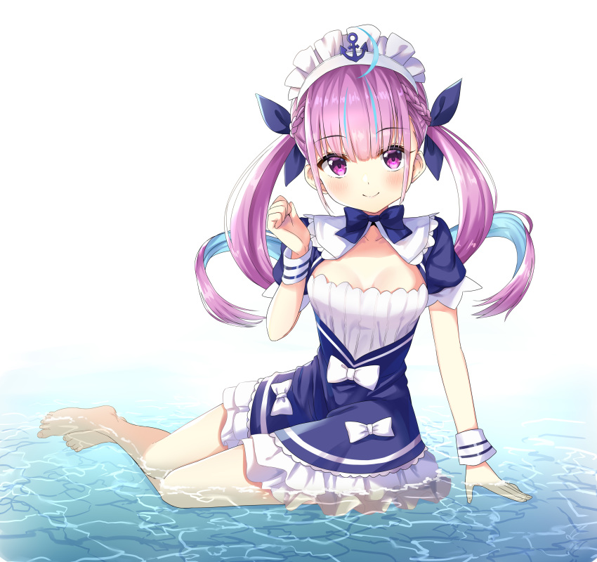 1girl absurdres ahoge anchor armband bangs barefoot blue_dress blue_hair blue_ribbon bow breasts closed_mouth commentary_request dress eyebrows_visible_through_hair hair_between_eyes hair_ribbon hand_up highres hololive maid_headdress minato_aqua multicolored_hair pink_hair puffy_short_sleeves puffy_sleeves purple_eyes rariemonn ribbon shallow_water short_sleeves small_breasts smile solo streaked_hair toenails twintails two-tone_hair virtual_youtuber water white_background white_bow