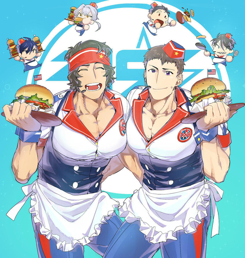 adapted_costume akuno_hideo american_flag aniki_(chaji1129) apron arm_around_waist badge blue_background blue_hair brown_hair burger_skater_(idolmaster) chibi eating employee_uniform enjouji_michiru flag food frame_(idolmaster) frying_pan gradient gradient_background green_eyes hamburger headband highres idolmaster idolmaster_side-m kimura_ryuu kizaki_ren male_focus microphone mini_flag multiple_boys muscle pants paper_hat plate ponytail purple_eyes red_eyes shingen_seiji silver_hair simple_background smile spatula taiga_takeru the_kogado tripping underbust uniform waiter waitress yellow_eyes