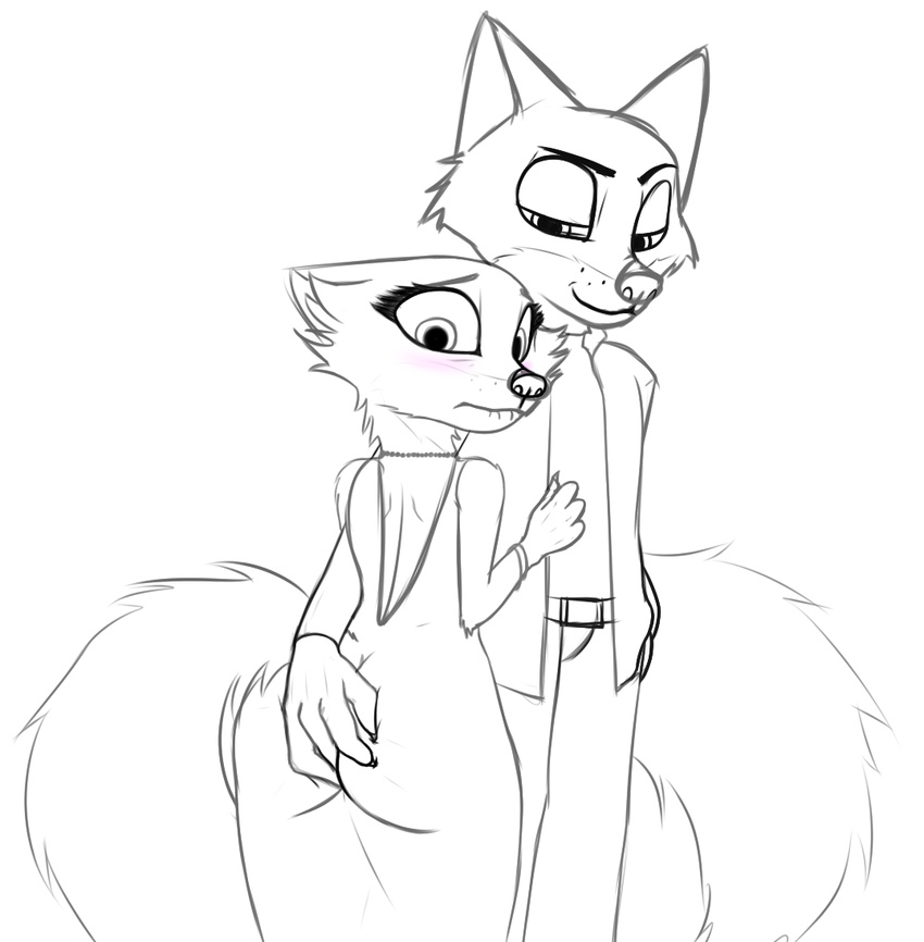 2016 anthro blush butt canine clothed clothing disney dress eyelashes female fingering fox fur greyscale grope incest larger_male male mammal monochrome mother mother_and_son mrs_wilde nick_wilde nope-223 parent simple_background size_difference smaller_female son white_background zootopia