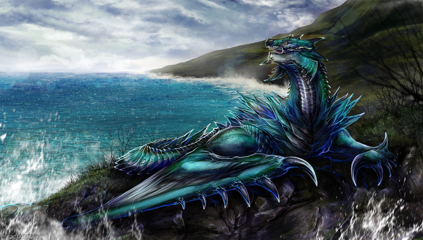 amazing_background azure_rathalos blue_scales capcom detailed_background digital_media_(artwork) dragon feral grass isvoc lying male membranous_wings monster_hunter moss open_mouth scales solo teeth video_games water wings wyvern