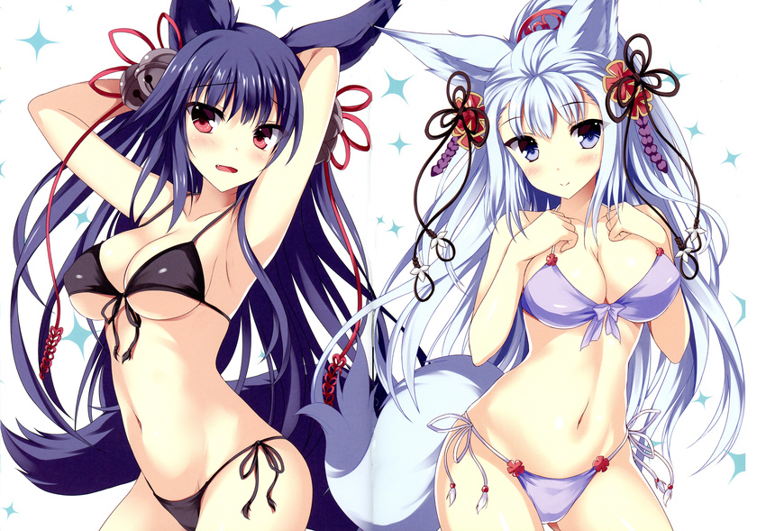 absurdres animal_ears armpits arms_behind_head arms_up bikini black_bikini blush breasts cleavage collarbone crease erune fang fox_ears fox_tail from_side front-tie_top granblue_fantasy highres large_breasts lavender_eyes long_hair multiple_girls navel non-web_source open_mouth pose purple_bikini red_eyes scan silver_hair smile socie_(granblue_fantasy) sparkle sparkle_background swimsuit tail tateha_(marvelous_grace) underboob very_long_hair yuel_(granblue_fantasy)