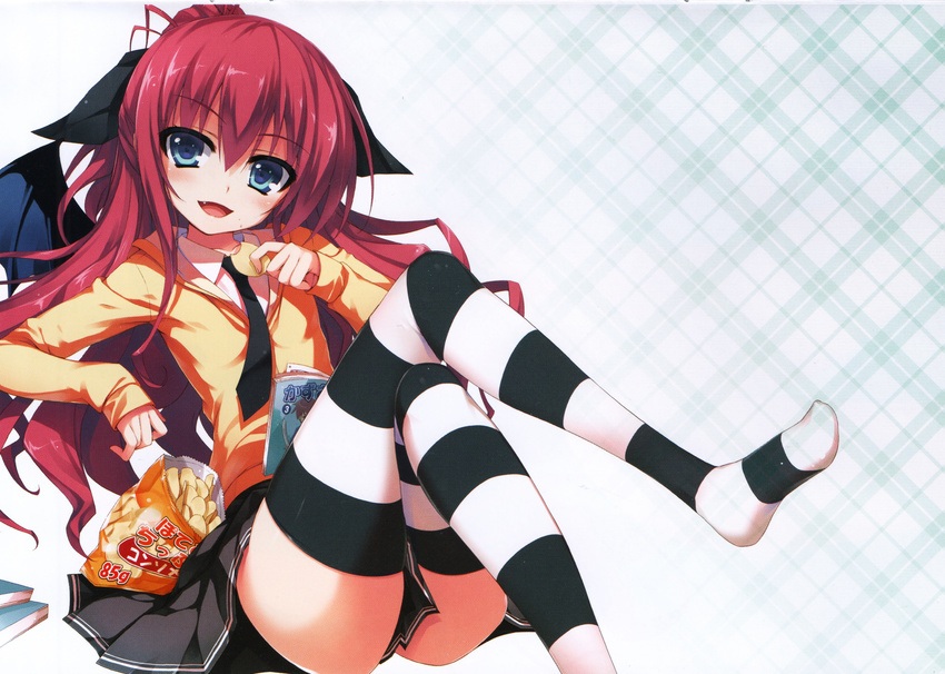 :d absurdres aqua_eyes black_neckwear blush book chips crossed_legs demon_wings fang food food_on_face half_updo highres huge_filesize koakuma_teeri_to_kyuuseishu!? long_hair necktie no_shoes open_book open_mouth plaid plaid_background pleated_skirt potato_chips red_hair scan single_wing skirt smile solo striped striped_legwear teeri_(koakuma_teeri_to_kyuuseishu!?) tomose_shunsaku very_long_hair wings