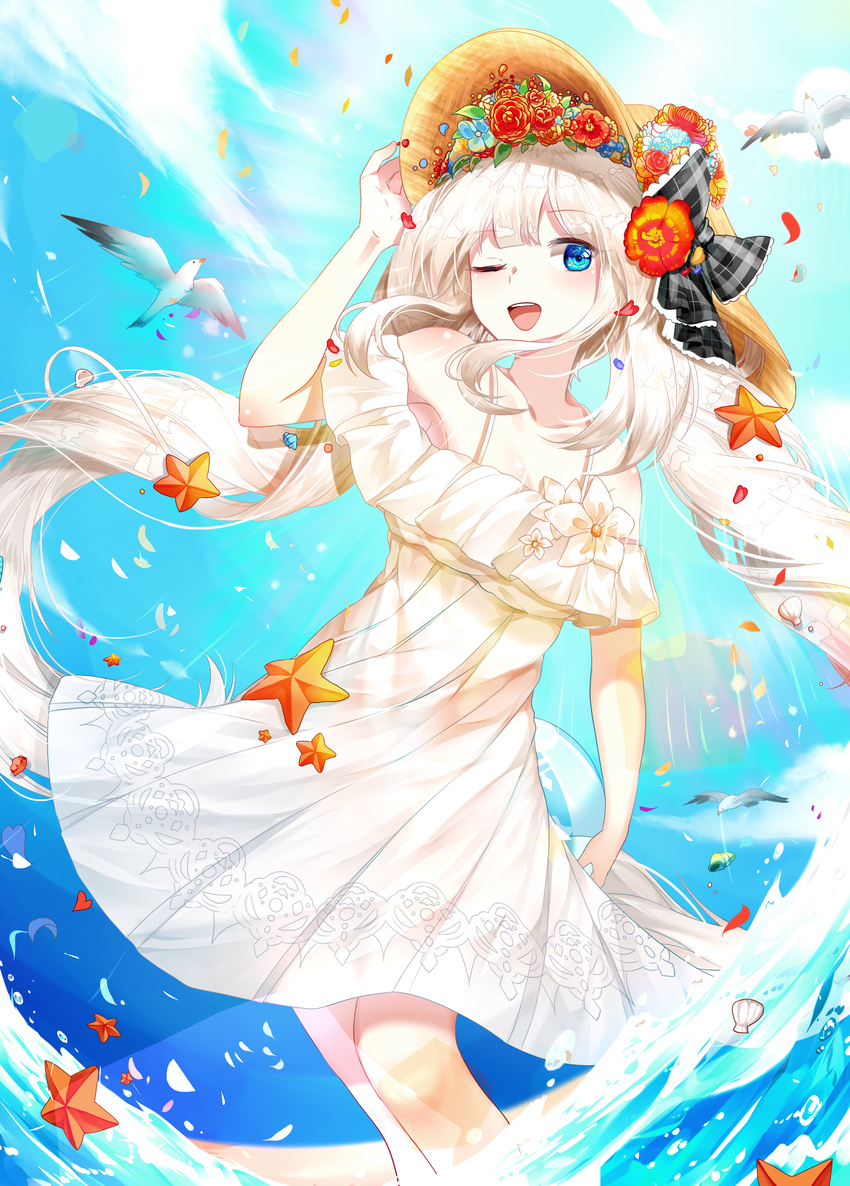:d absurdres bad_id bad_pixiv_id ball bare_shoulders beach beachball bird blue_eyes blue_sky clam_shell collarbone conch day dress eagle fate/grand_order fate_(series) flower hair_flower hair_ornament hair_ribbon hat hibiscus highres lepoule long_hair marie_antoinette_(fate/grand_order) marie_antoinette_(swimsuit_caster)_(fate) one_eye_closed open_mouth outdoors petals ribbon rose scallop seashell shell silver_hair sky sleeveless smile solo standing starfish twintails very_long_hair wading water white_dress